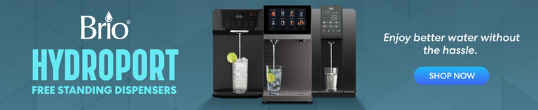 Promotional banner for Brio Hydroport free-standing water dispensers. Features three dispenser models, two dispensing water into glasses with ice and lime. Text reads: 'Enjoy better water without the hassle.' Includes a blue 'Shop Now' button.